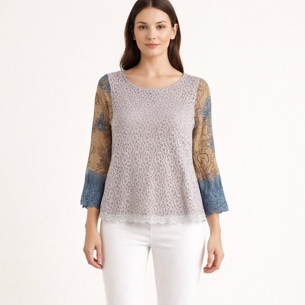 Sundance Lace Top Women's Size S/M Bell‎ Sleeve Semi Sheer Boho Floral Print